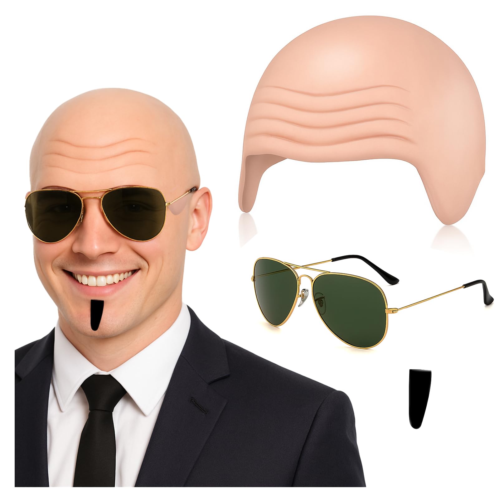 YONEEKSS Bald Scalp Cap Set, Cosplay Accessories Included Nude Bald Cap, Black Sunglasses, Small Piece Of Black Fake Beard
