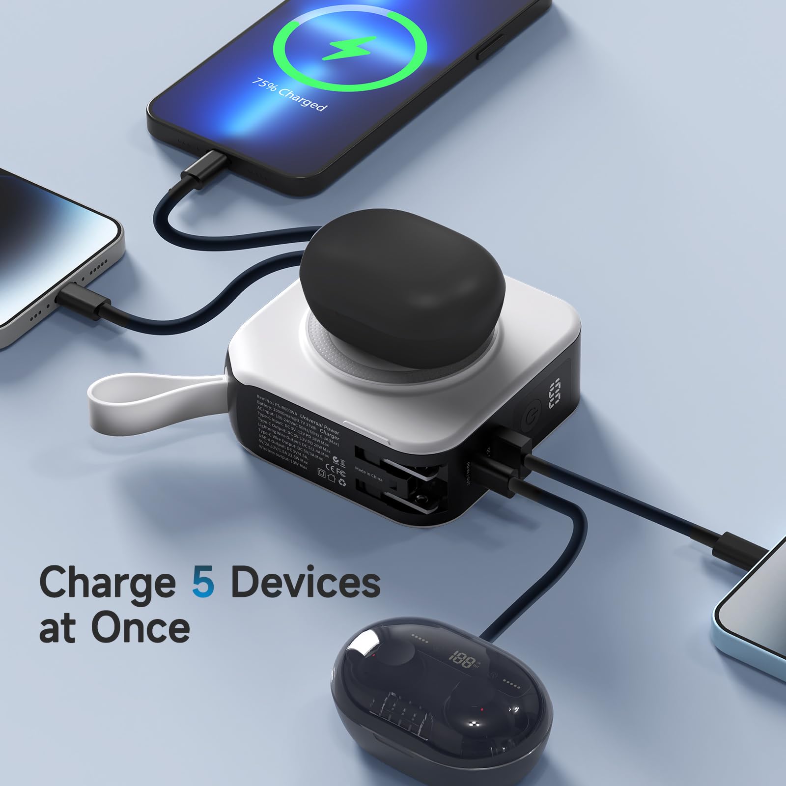 Powerpack - Batería externa universal 5 en 1, para batería Magsafe, batería externa de 10000 mAh con cable integrado, cargador portátil inalámbrico para iPhone 15/15 Pro/ProMax, iPhone 14/13/12 Series