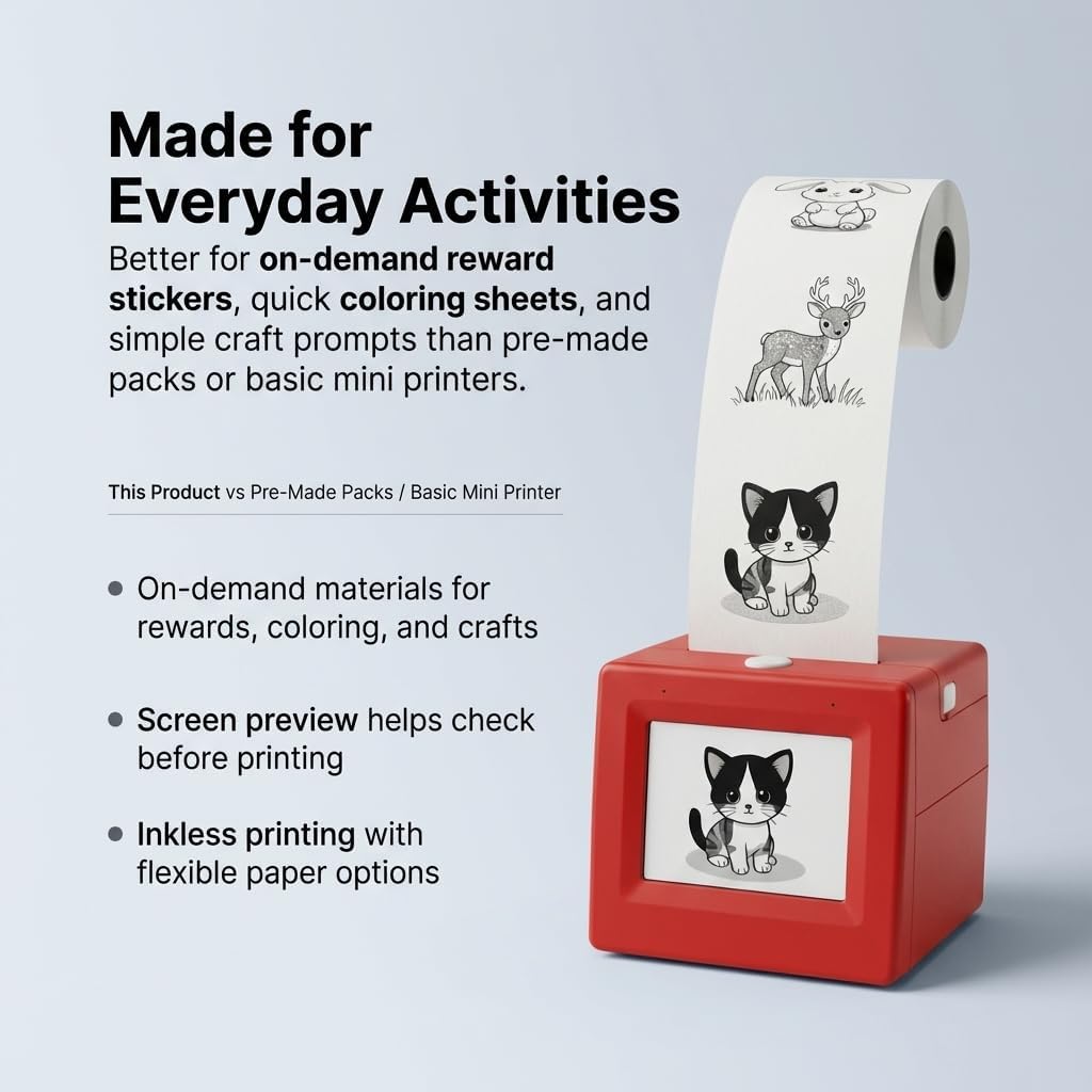 Mini Sticker Printer for Kids, Inkless Thermal Sticker Maker with Screen Preview, Portable WiFi Kids Thermal Printer for Reward Stickers, Coloring Sheets & DIY Craft Activities