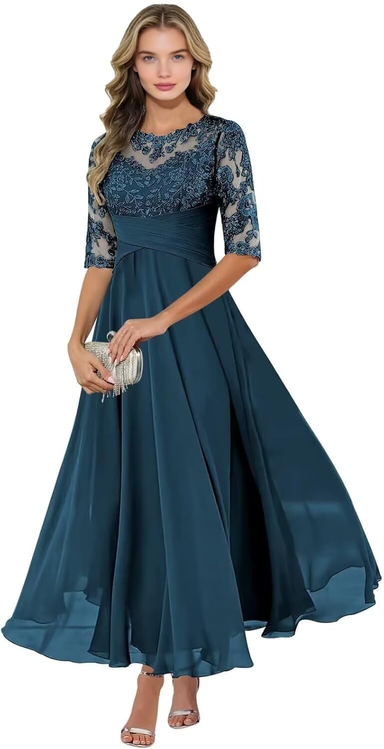 Abito da sposa per madre della sposa da donna in chiffon con applicazioni in pizzo mezza manica formale abito da sposa