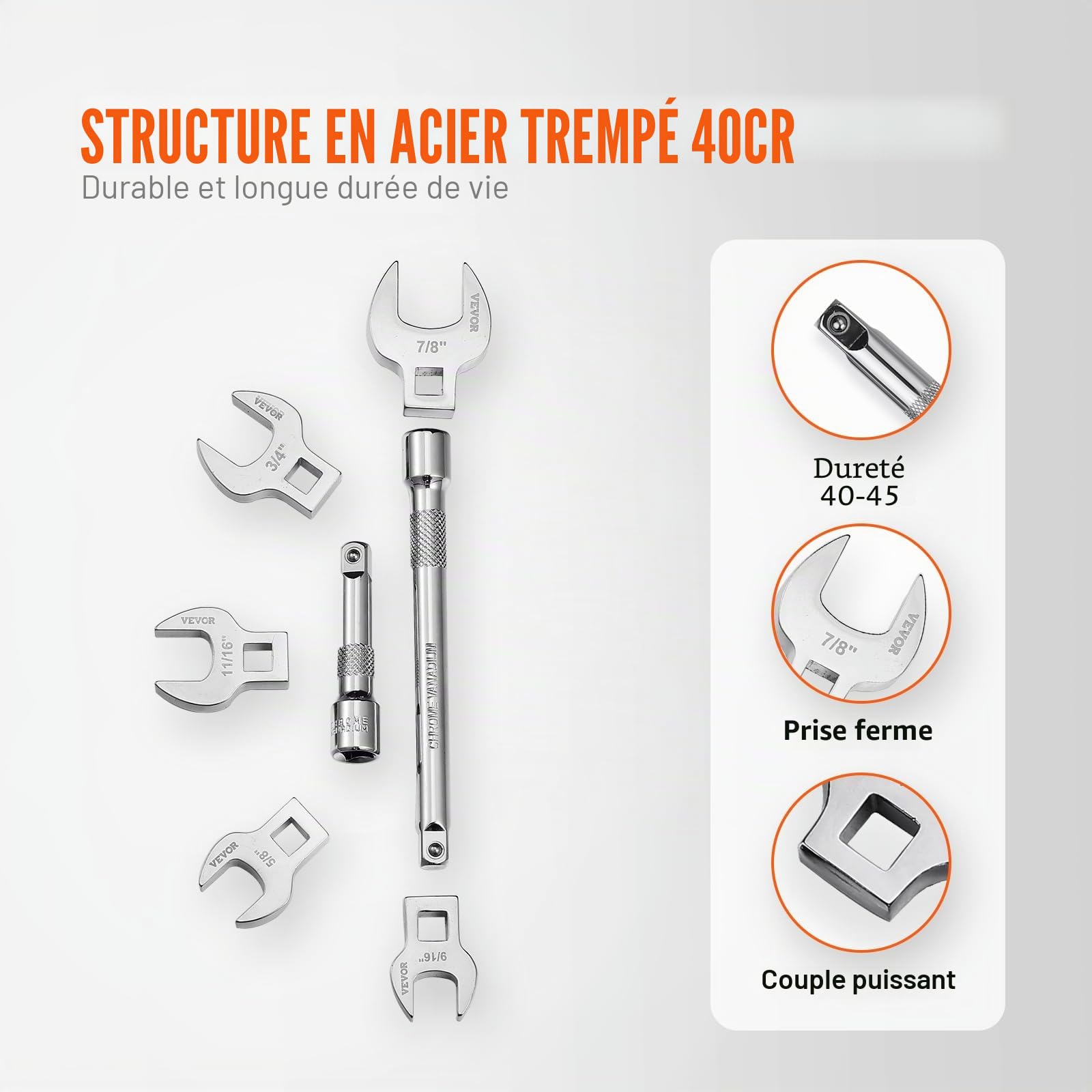 VEVOR Lot de 20 clés à pied de corbeau 3/8" 10-22 mm SAE 3/8-7/8" acier 40Cr avec barres d'extension
