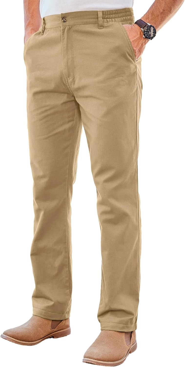 PLEPAN Men's Khaki Chino Pants - Stretch Waist Slim Fit Casual Trousers for Work Khaki 36W-32L
