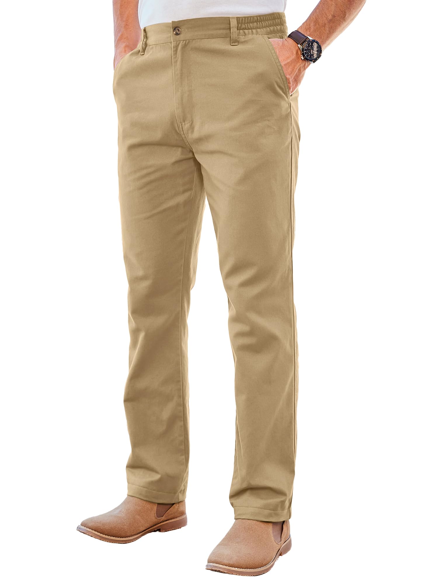 PLEPAN Men's Chino Pants Khaki - Stretch Waist Slim Fit Casual Trousers for Work
