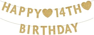 Gold Happy 14th Birthday Banner, Glitter 14 Years Old Boy or Girl Party Decorations, Supplies
