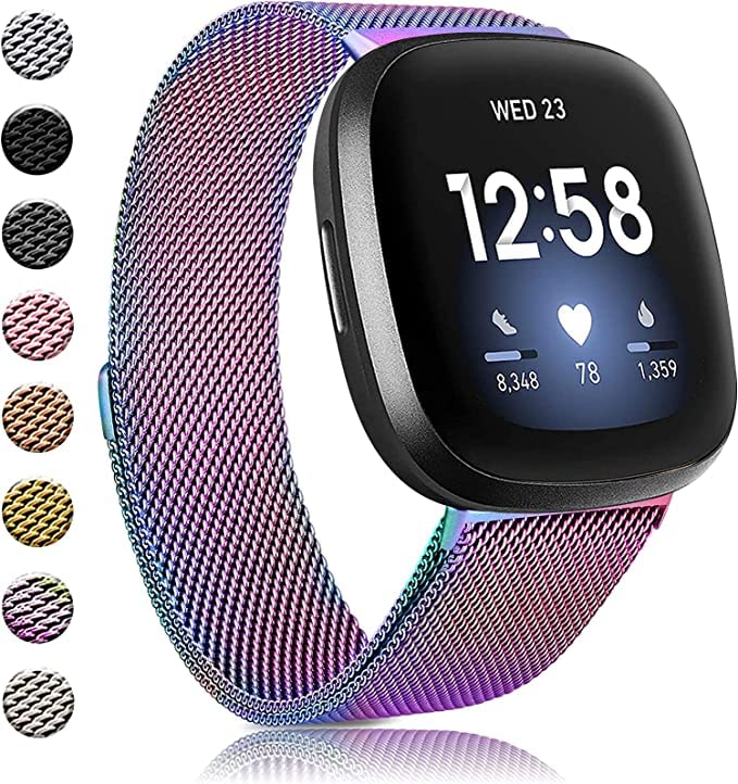 Meyaar Bands Compatible with Fitbit Versa 3/Fitbit Sense, Stainless Steel  Metal Adjustable Magnetic Wristbands Replacement Straps for Fitbit Versa