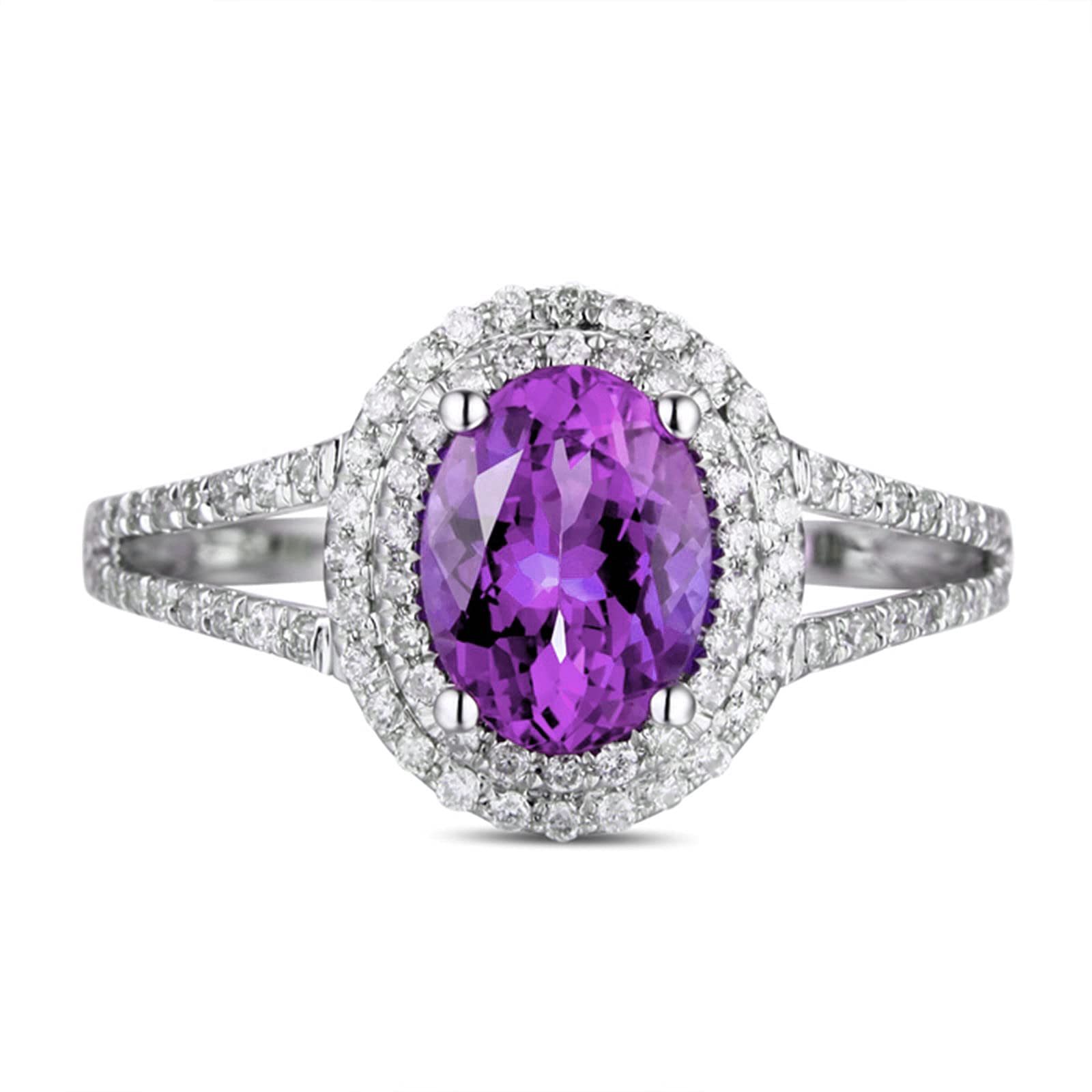 Daesar - Anillo de Mujer de Plata de Ley,Anillos Boda 4 Garras Oval con Circonita Púrpura Blanca Talla 7(47mm)-25(65mm)