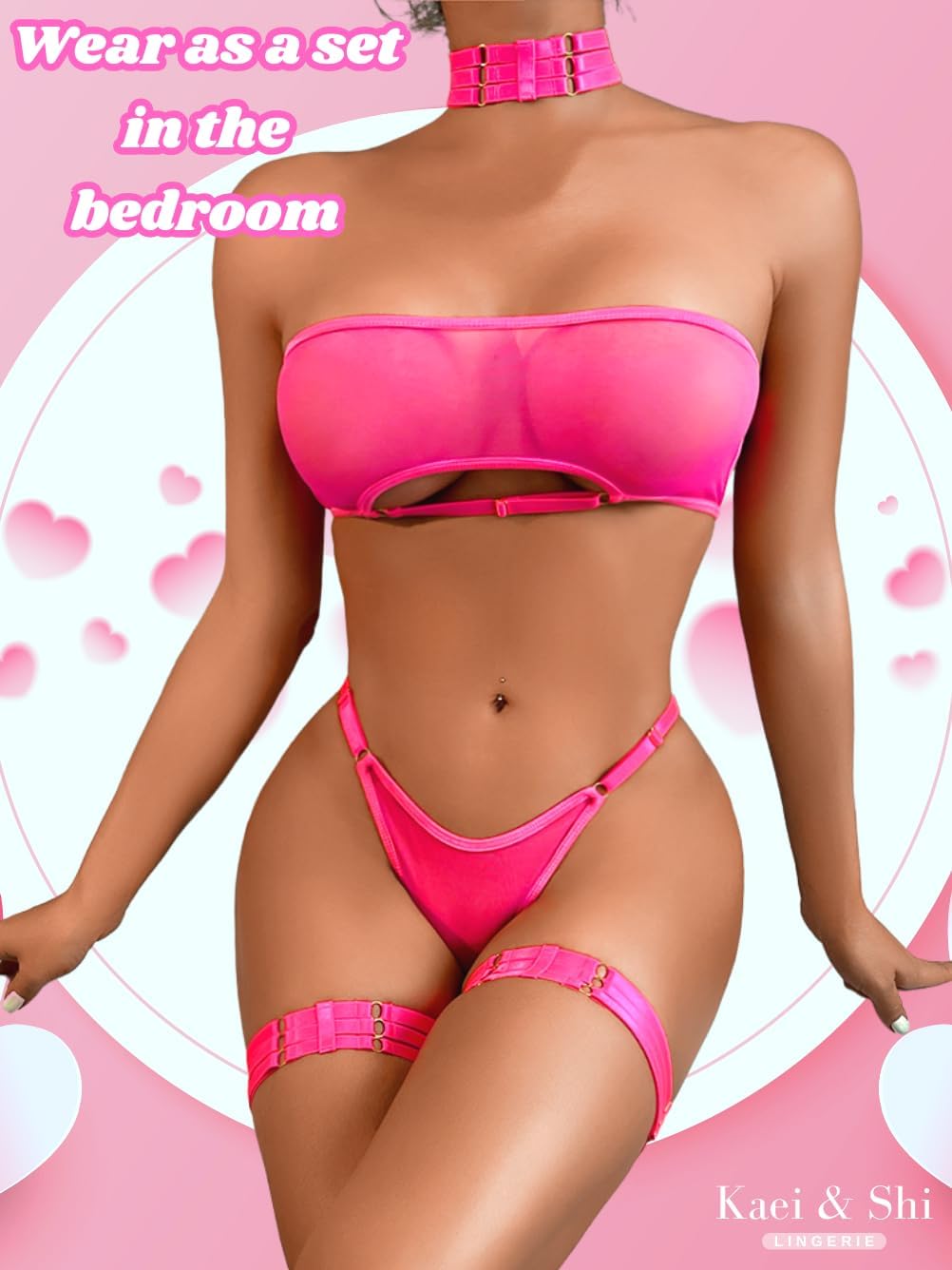 Kaei&Shi Sheer Mesh Lingerie Set, Sexy Bra And Panty 4PC, Strapless Choker - Image 7