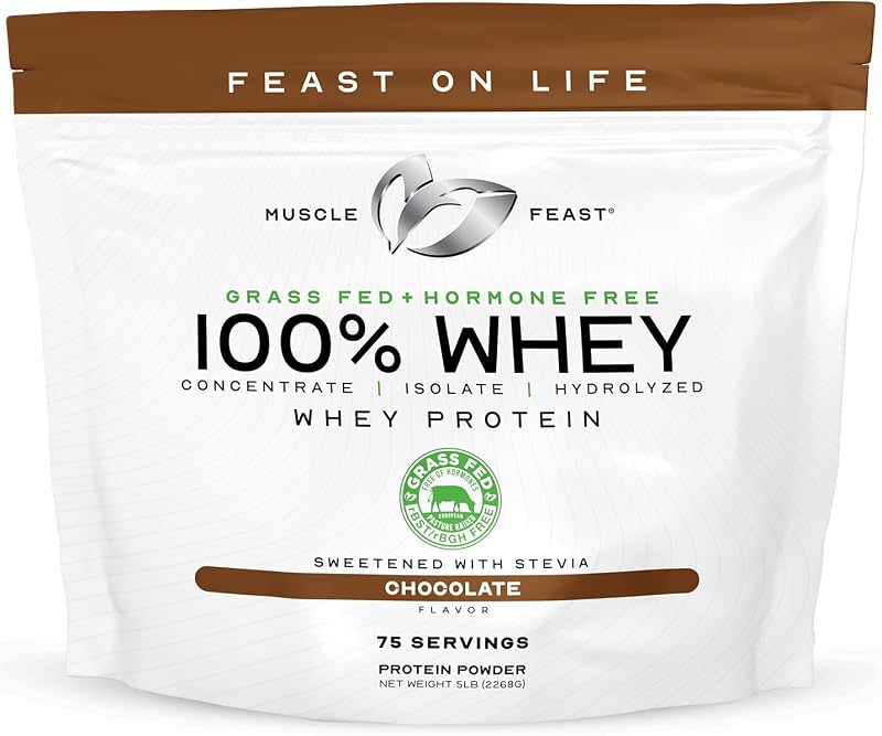 Muscle Feast 100% Grass Fed Whey Protein Powder Blend, Chocolate (5lb) | Whey Concentrate, Isolate & Hydrolyzed Protein Powder, All Natural, Hormone Free Pasture Raised Whey Protein for Women & Men