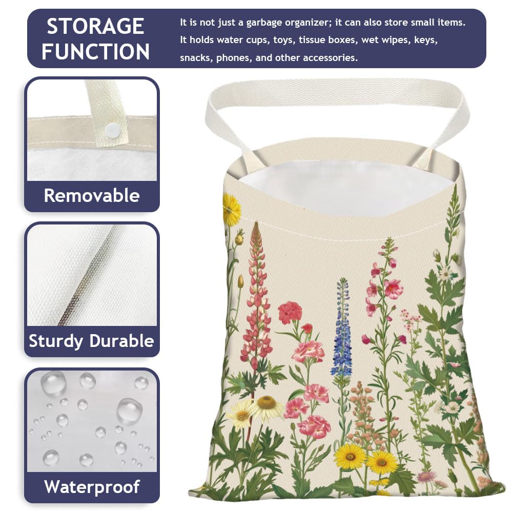 Various Wildflowers Print Car Trash Bag Portable Waterproof Hanging Garbage Bag with Snap Buttons Back Seat Rubbish Storage Dustbin for Car Interior Accessories Kitchen Home Travel