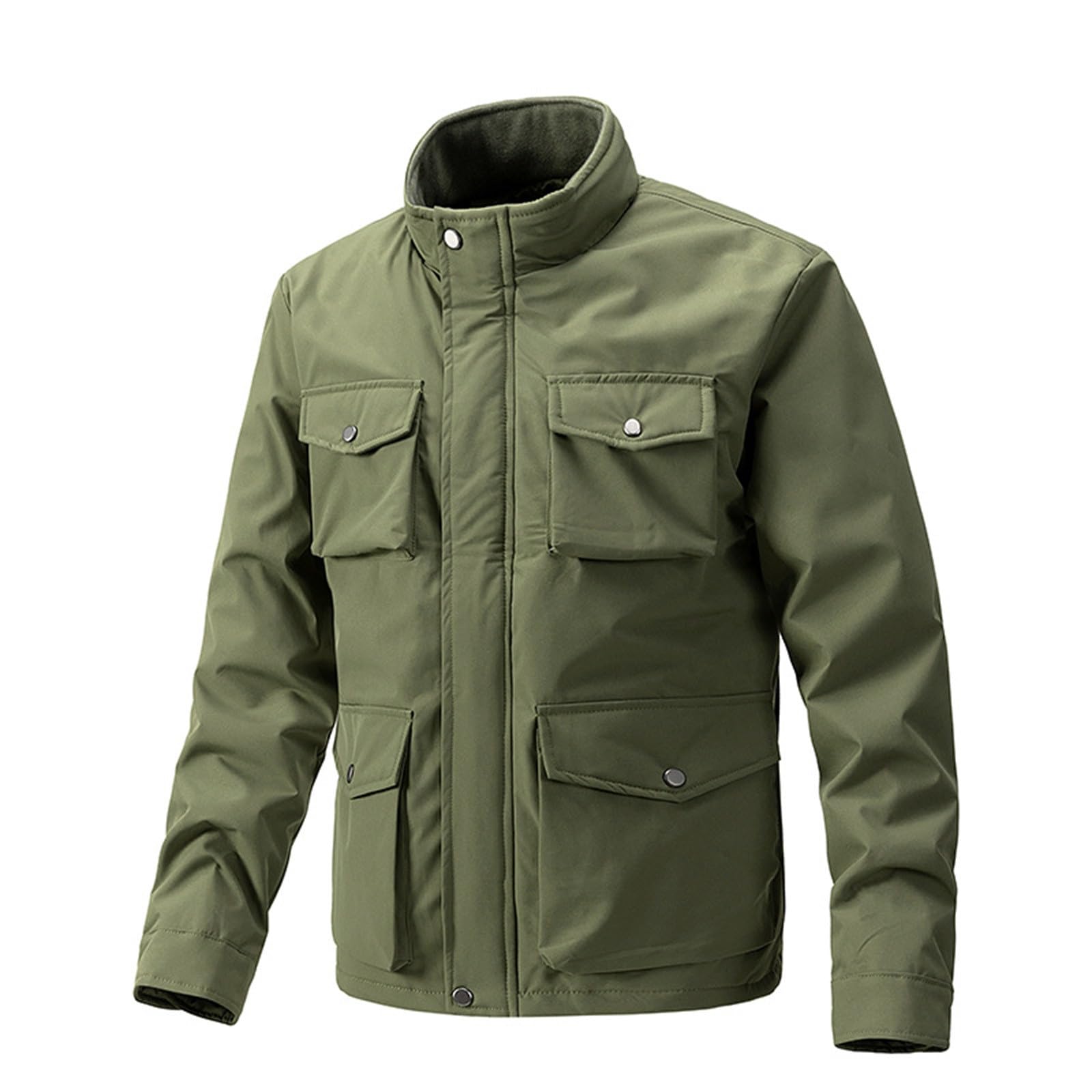 Generisch Giacca in pile da uomo, calda: giacca invernale con molte tasche, giacca da mezza stagione, con colletto alto, leggera, vintage, giacca termica classica, per attività all'aria aperta (taglia