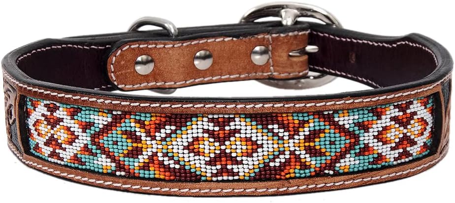 Tan Medium HILASON Strong Genuine Leather Dog Collar Beaded Medium| Collar| Handmade Soft Hand Tooled