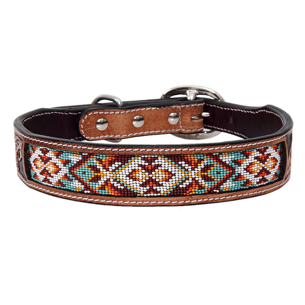 Tan Large HILASON Strong Genuine Leather Dog Collar Beaded | Handmade Soft Hand Tooled