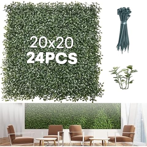 flybold Artificial Grass Wall Panels for Garden Decor, 20x20 Inches - Pack of 24 Fake Boxwood Greenery Backdrop with UV Protection for Indoor Outdoor Use - Green Leaf Fence Privacy Screen Cover