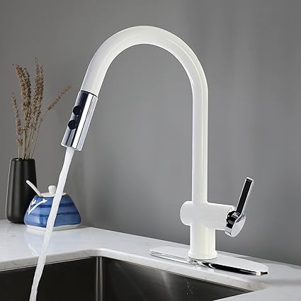 LIWEIKE White Kitchen Faucet, White Kitchen Faucets with Pull Out Sprayer for 1 or 3 Hole Design High Arc 360 degree Swivel Single Lever Kitchen Faucet White
