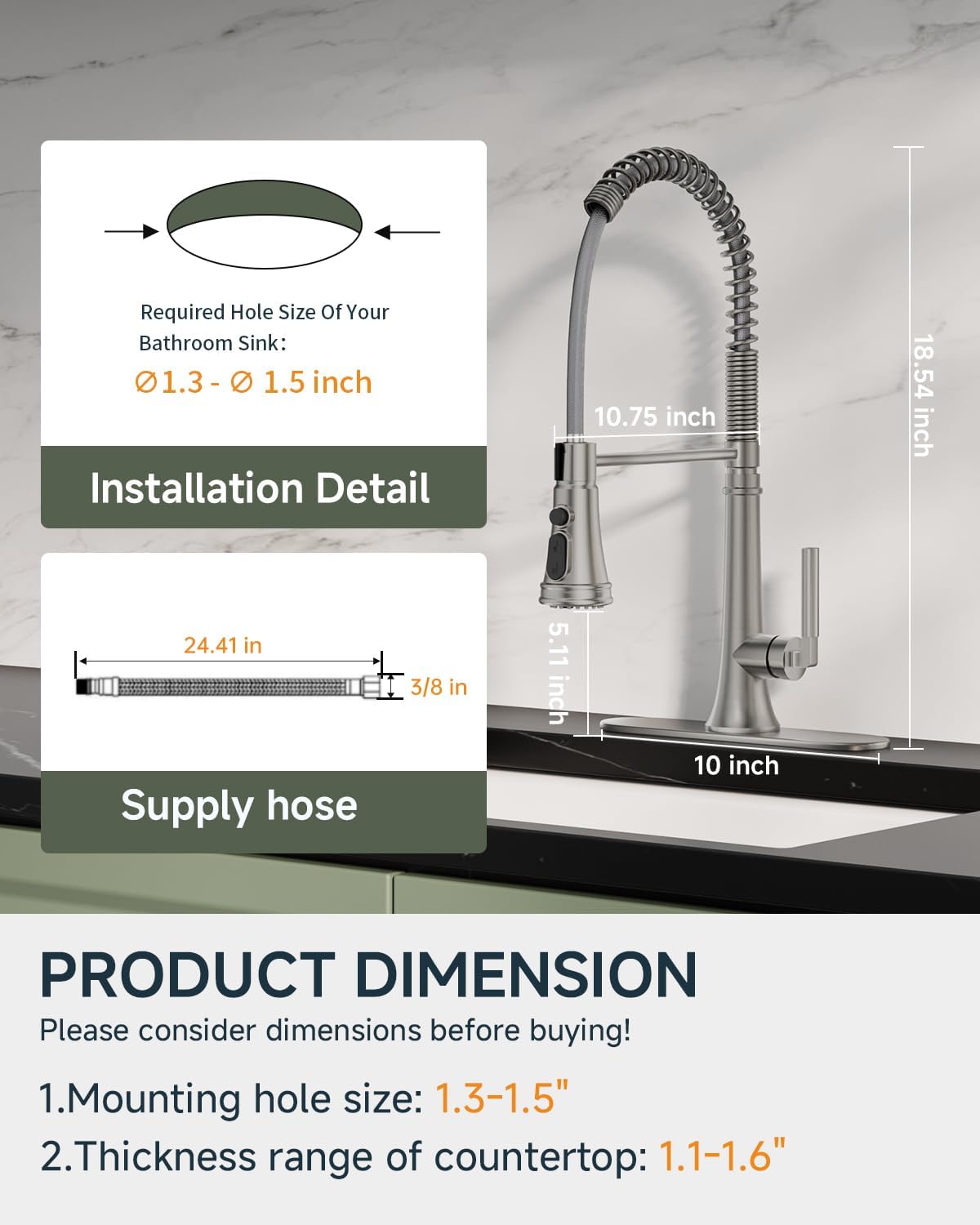 BWE 3-Function Kitchen Faucets with Pull Down Sprayer, Stainless Steel Kitchen Sink Faucet 1 or 3 Holes, Single-Handle Kitchen Faucets Commercial Faucet with Deck Plate, Brushed Nickel