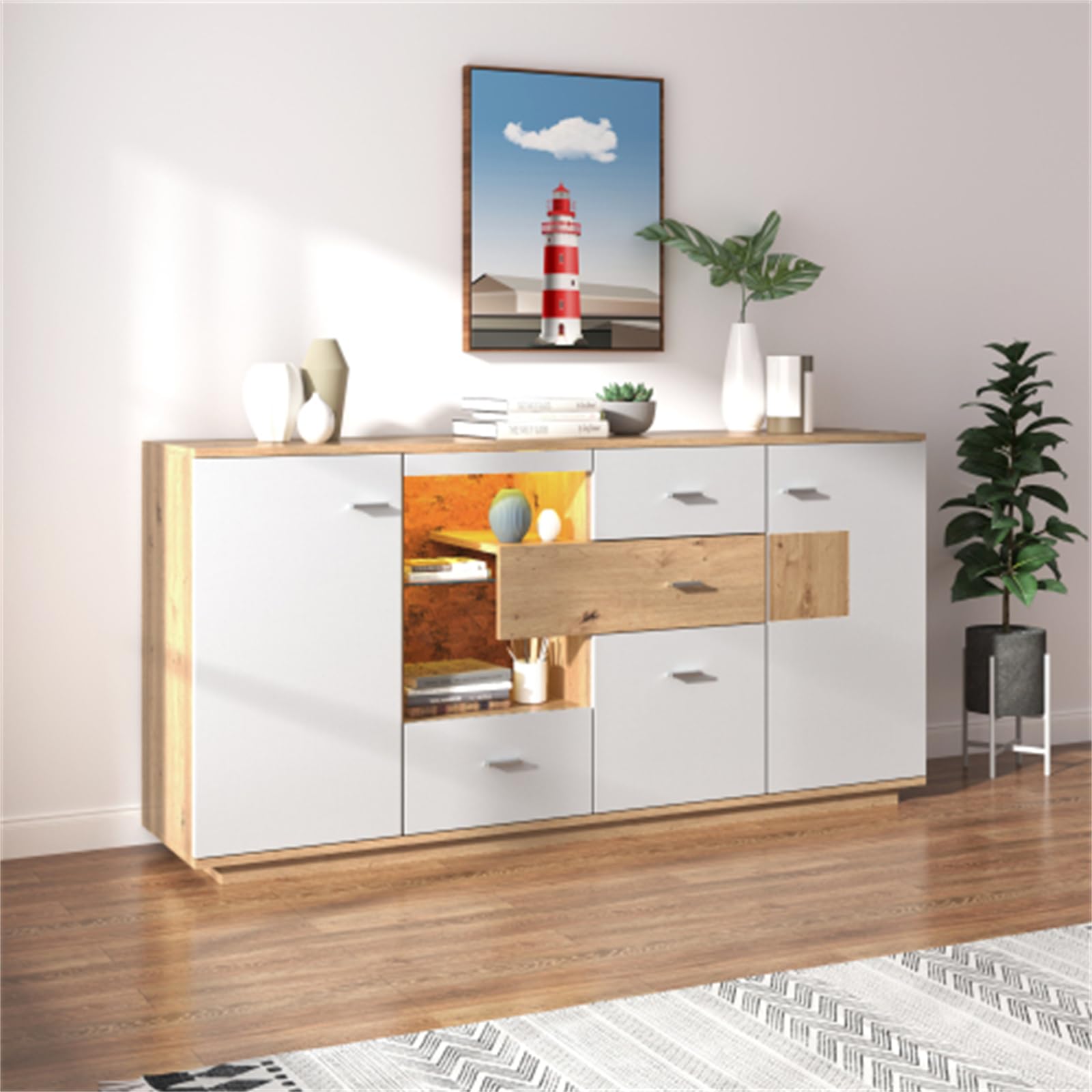 Credenza Moderna Illuminata A Led Con Ampio Spazio Per Riporre Gli Oggetti - Finitura Con Venature Del Legno Bianco - 160x40x77 Cm - 2 Ante, 4 Cassetti, Ripiano In Vetro - Mobili Versatili Per Il Sogg