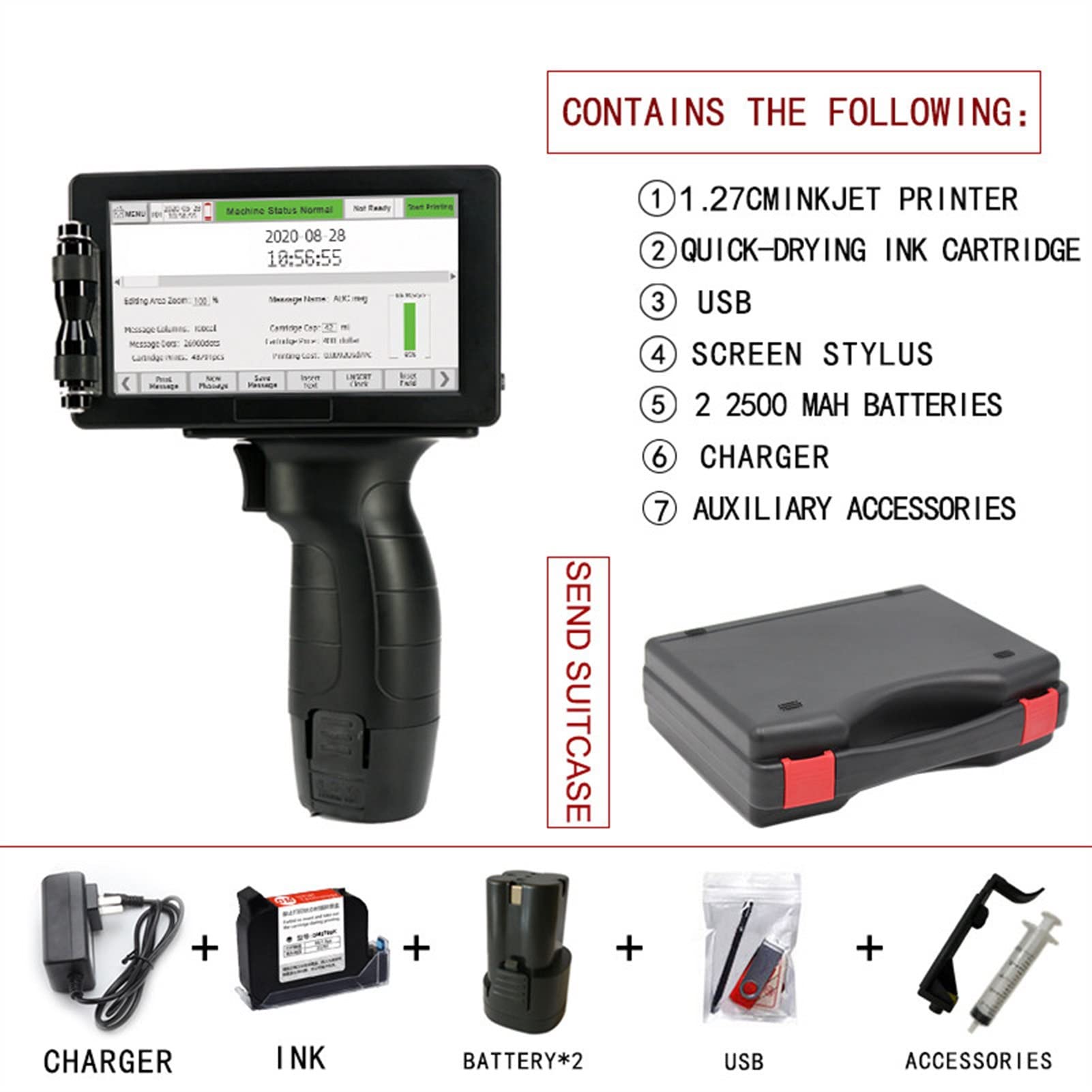 Stampante a getto d'inchiostro palmare Stampante da 12.7mm Stampante a getto d'inchiostro portatile da 5 "schermo touch-screen USB Interfaccia QR. Codice etichetta Codifica 20 lingue