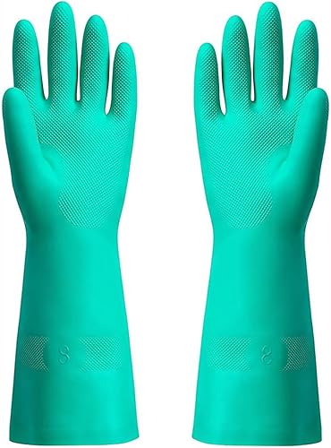 Guantes de goma de nitrilo resistentes a productos químicos, forrados, sin silicona, cumplen con la FDA, 13 pulgadas de largo, color verde, talla L
