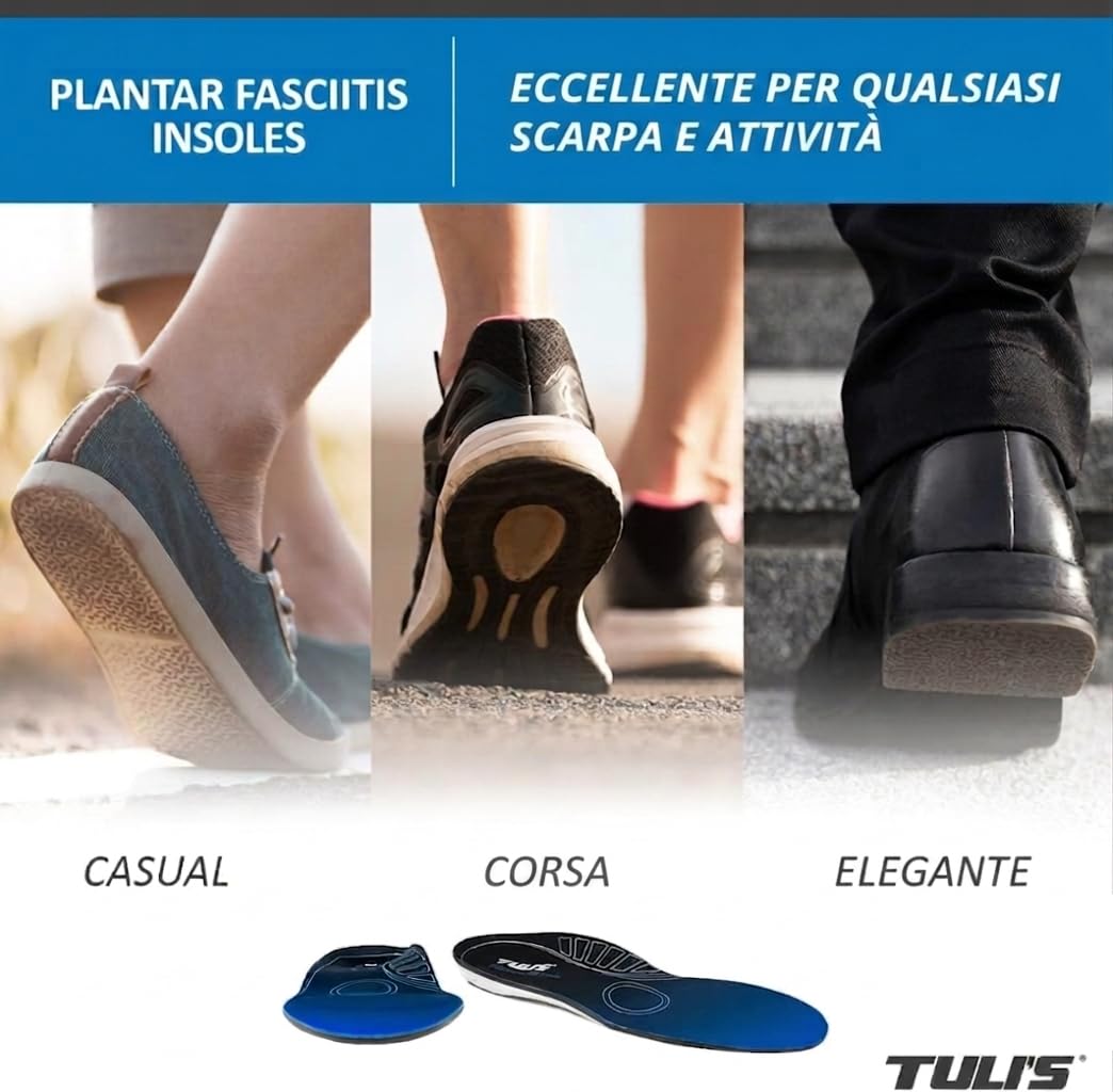 Tuli's Plantar Fasciitis Insoles Solette di Supporto Media, 1 Paio | Fascite Plantare – Archi e Sollievo dai Dolori del Piede, Ammortizzazione Antishock Premium