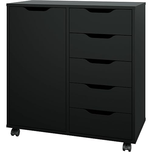 Panana 5-Drawer Chest with 1 Door, Wooden Chest of Drawers Storage Dresser Cabinet with Wheels, Office Organization and Storage, Bedroom Furniture