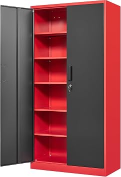 Fesbos Metal Storage Cabinet-71 Tall Steel File Cabinets with Lockable Doors and Adjustable Shelves-Black&Red Steel Storage Cabinet for Home, School, Office, Garage