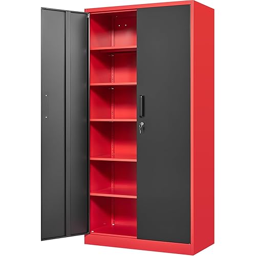 Metal Storage Cabinet-71” Tall Steel File Cabinets with Lockable Doors and Adjustable Shelves-Black&Red Steel Storage Cabinet for Home, School, Office, Garage