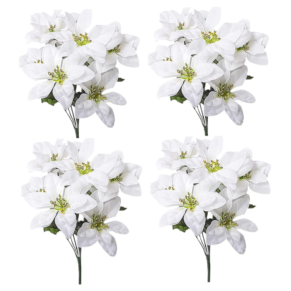 Peosaard White Faux Poinsettia Bush, Artificial Poinsettia Bushes 4 Pack 7 Heads Silk Christmas Flowers Bouquet Artificial Poinsettias Flowers For Xmas Bushes