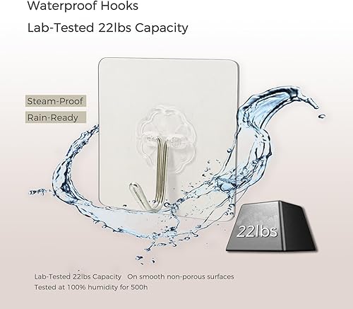 Miniatura 3 de Ganchos adhesivos resistentes de 22 libras, paquete de 10, ganchos de pared sin taladrar para baño y cocina, ganchos transparentes reutilizables