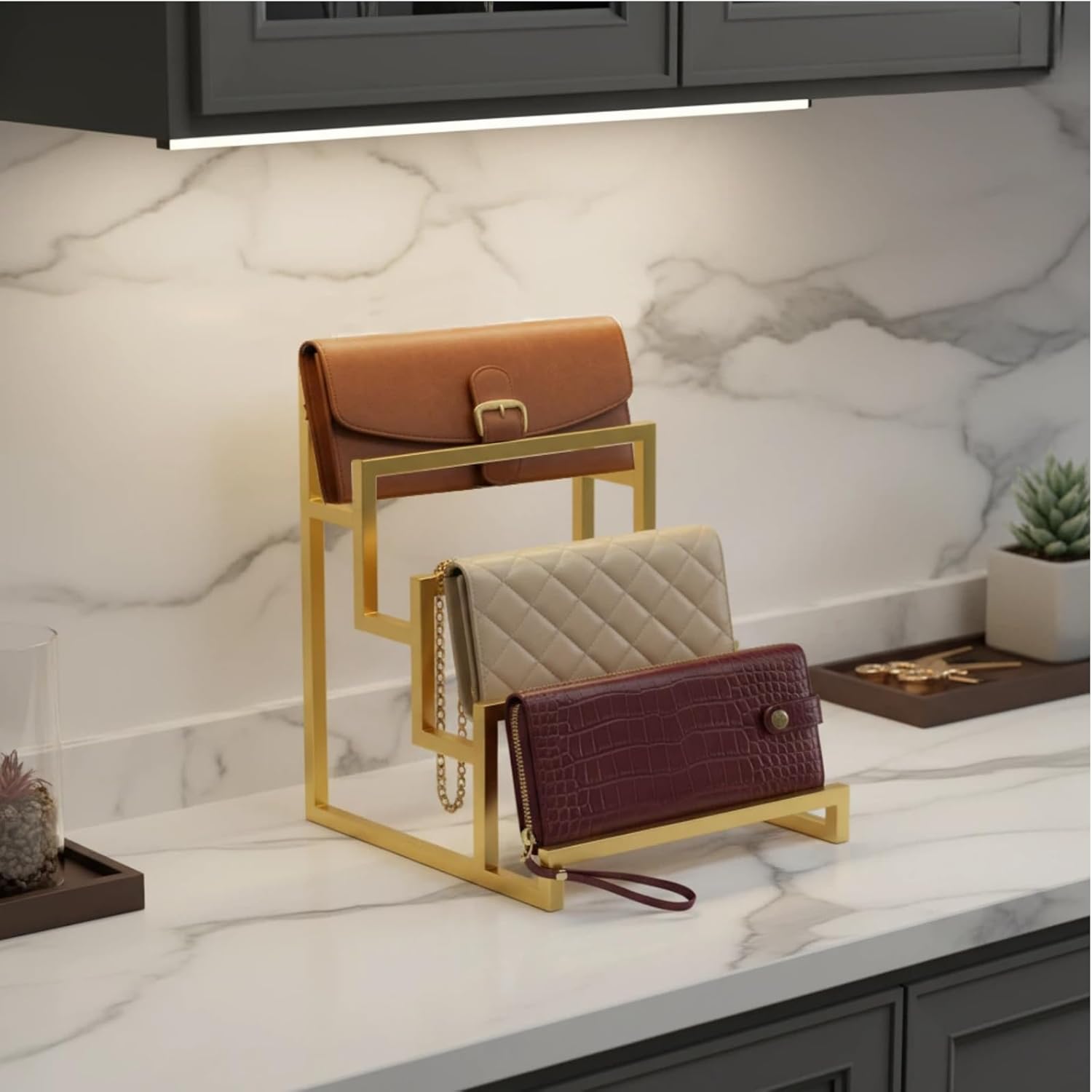 4-Tier Wallet Display Stand 2 Pack Gold , Metal Purse Organizer for Closet Countertop, Handbag Holder Rack Riser Shelf for Wallets Clutch Bags Retail Boutique Store Display