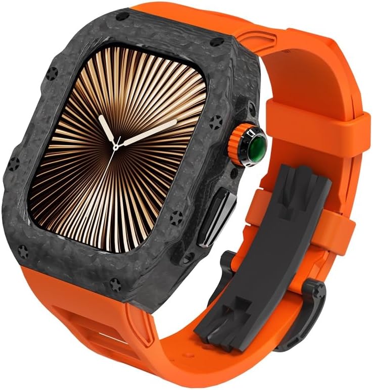 Luxury Carbon Fiber Modification Kit Case，For Apple Watch Series 10 46mm Mod Kit Fluororubber Watch Strap，For iWatch Series 10 42mm 9 8 7 6 5 4 SE 44mm 45mm