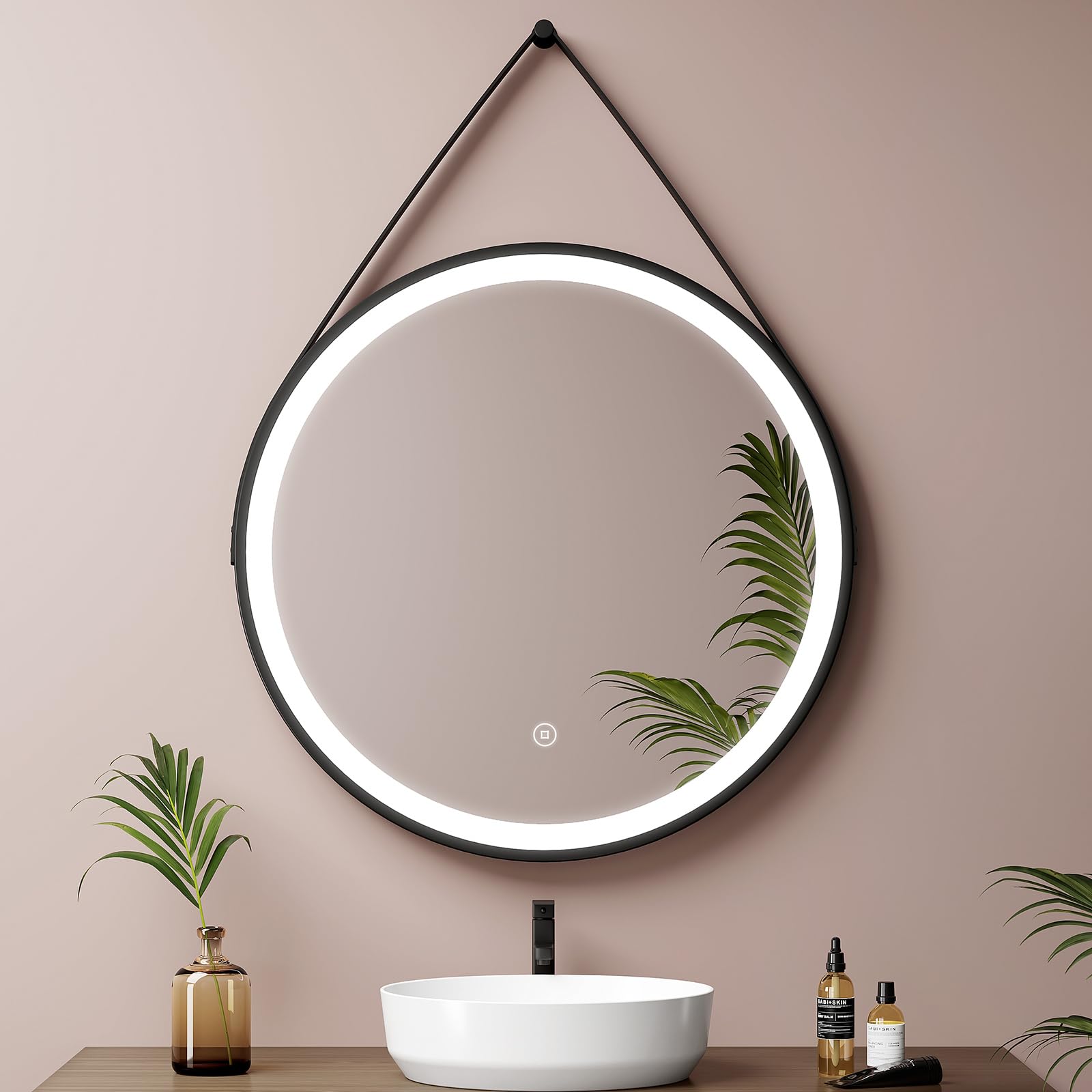 EMKE 60 cm Round LED Bathroom Mirror Wall Mounted with Leather Strap, Black Frame Circular Bathroom Mirror with LED Lights, 6500K, Anti-fog, Dimmable, Touch Control, IP44