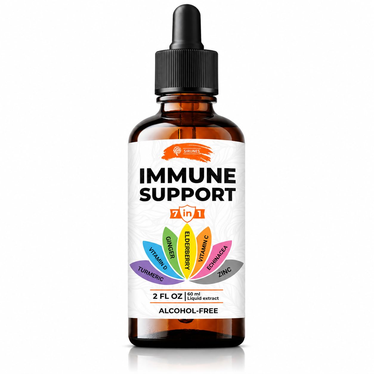SIRUNES Immune Support Liquid Drops – Vitamin C, Vitamin D3, Zinc, Elderberry, Echinacea, Ginger & Turmeric – Herbal Antioxidant Immunity Booster Multivitamin Supplement for Daily Wellness – 2 Fl Oz
