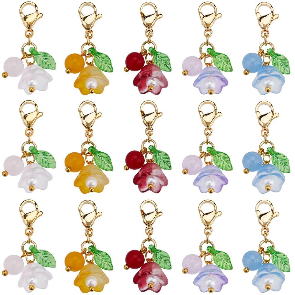 SUNNYCLUE 1 Box 30Pcs Flower Stitch Marker Knitting Markers Charms Bulk Glass Malaysia Jade Colorful Gold Floral Locking Lobster Claw Clasps Charm for Weaving Quilting Jewellery DIY Crafts Accessories
