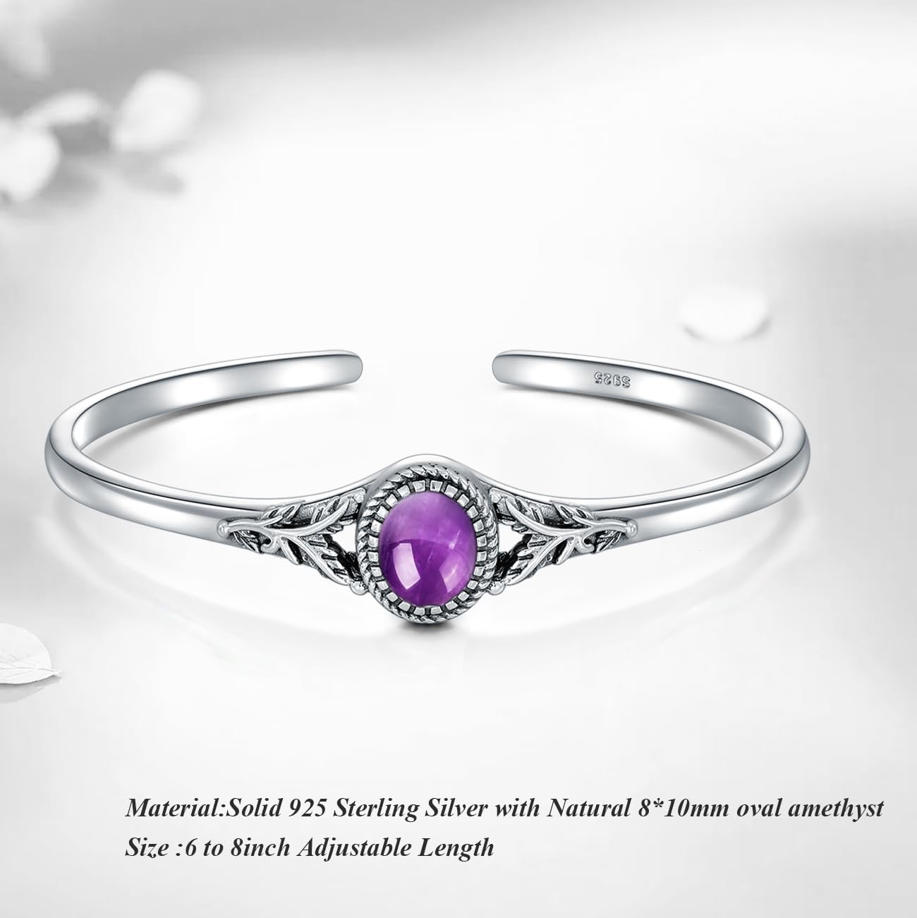 925 Sterling Silver Real Amethyst Bracelet Cuff for Women Southwest Style Genuine 8x10MM Oval Purple Crystal Jewelry fit Size 6 to 8 Inch