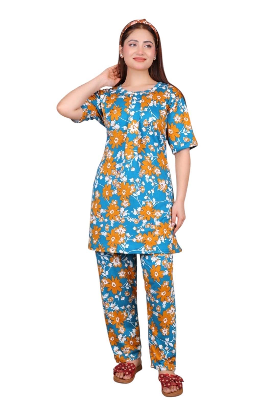 Plus Size Women Floral Print Night Suit Set 3XL 4XL, Long Length Cotton Malai Fabric Nightwear for Ladies, Soft Breathable Summer Sleepwear & Lounge Wear-image-37