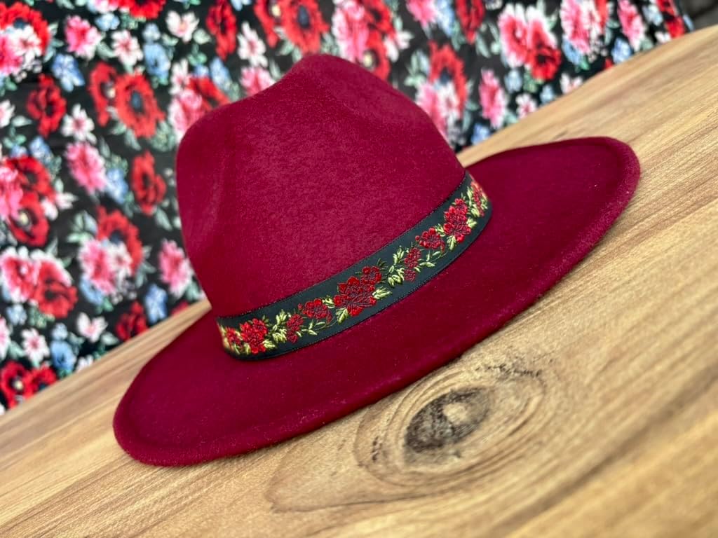 Red Rose Hat Band, Women Fedora Cowboy Hatband, Handmade Western Cowgirl Hat Belt,