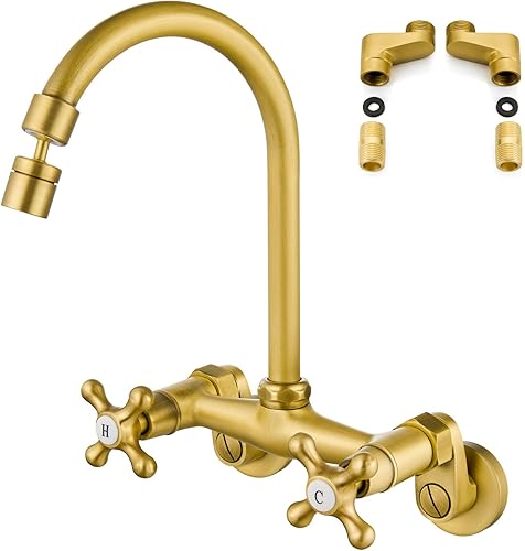 Airuida Grifo de cocina de montaje en pared con rociador, grifo de fregadero de cocina montado en la pared, manijas dobles cruzadas, boquilla