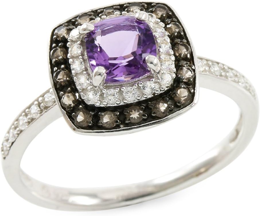 Glamouresq Sterling Silver 5mm Cushion Cut Natural Amethyst & Round Brilliant Smoky Quartz Women's Ring, Size 7