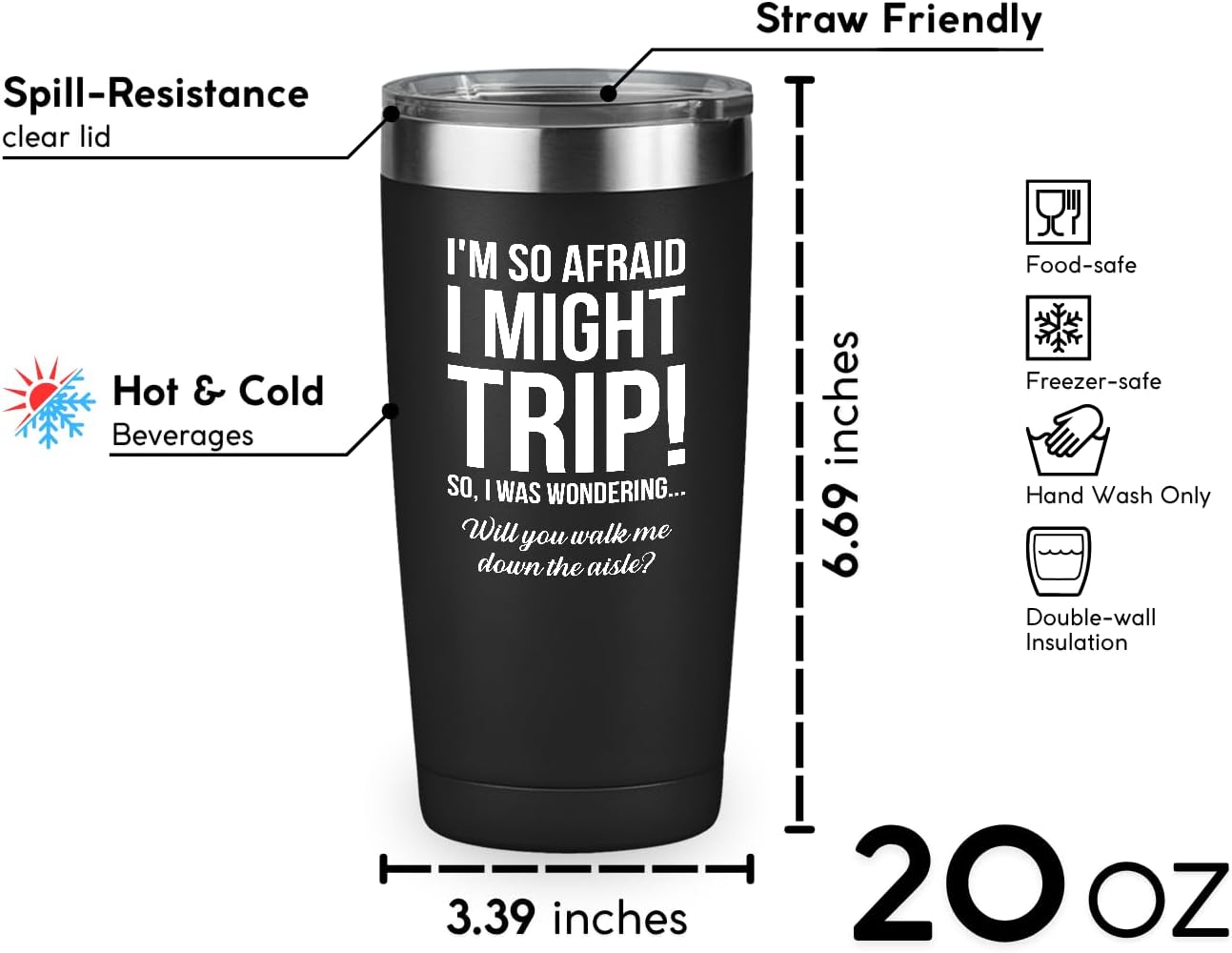 Bubble Hugs Proposal Viking Tumbler Black 20oz - Walk Me Down the Aisle - Wedding Relationship Dad Brother Step Uncle Mom Giving Away to Future Husband Walk Me Down (Black)