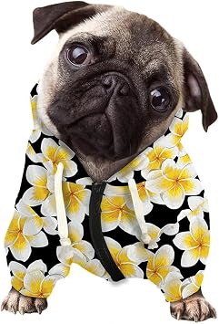 Frangipani Patterned Dog Hoodie Zip-Up - White & Black Pet Fashion Apparel, Stylish Casual Wear, Small to Large Breeds, Pet Lover Gift Ideas
