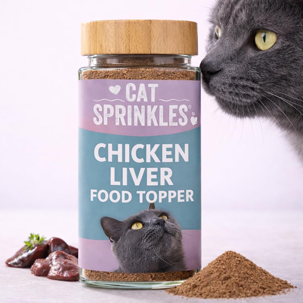 Cat Sprinkles Natural Chicken Liver Cat Food Topper with Glass Jar | 100% Hydrolysed, Human Grade Meat | For Appetite Stimulation, Taste Enhancing or Treats | 100+ Servings | Loved by Fussy Eaters