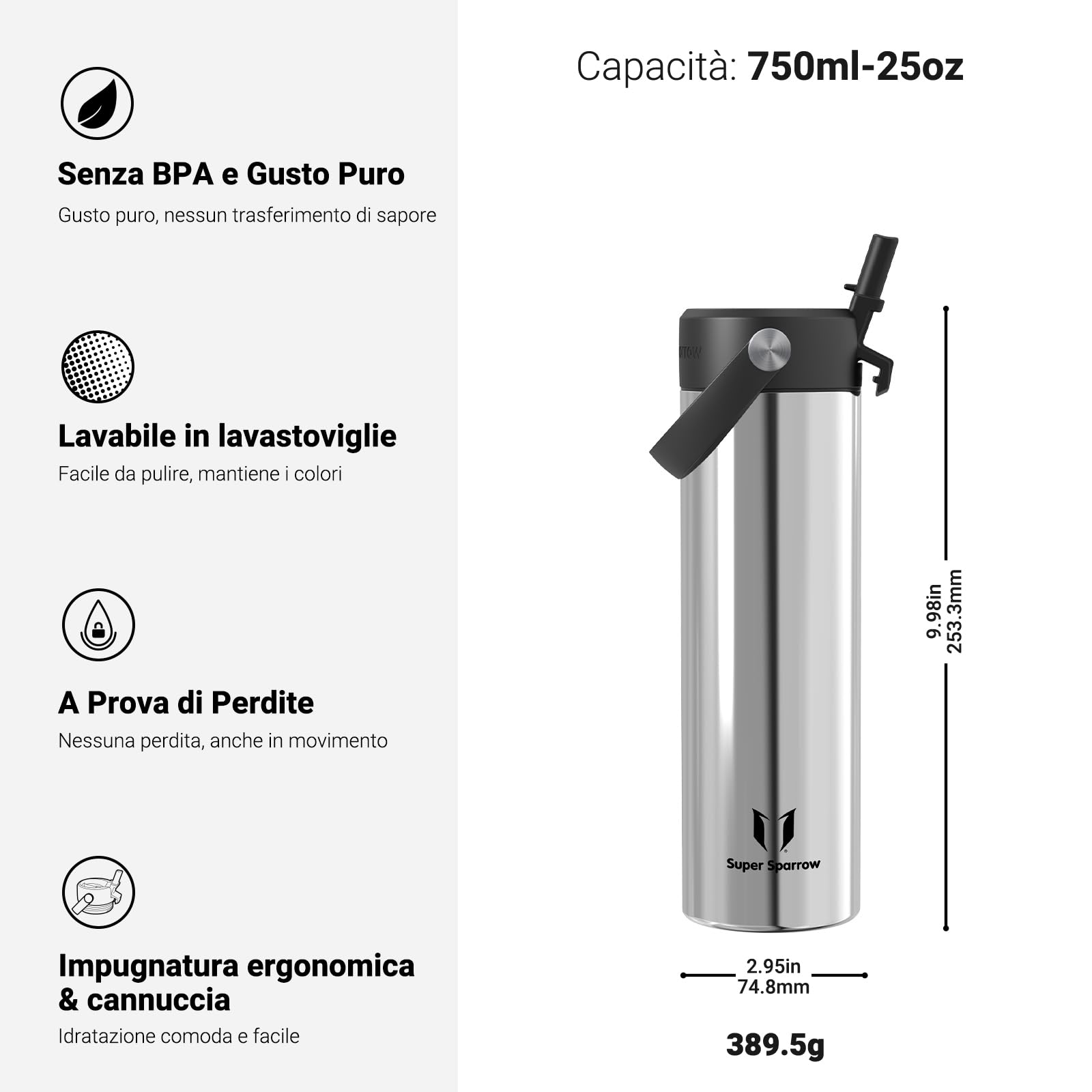 Sparrow Borraccia Termica - 500ml/750ml/1L/1.2L - SwivelSip Bottiglia Acciaio Inox - Senza BPA Borracce Termiche, Borraccia con Cannuccia Ergonomica per Scuola, Sportiva, Campeggio, Palestra
