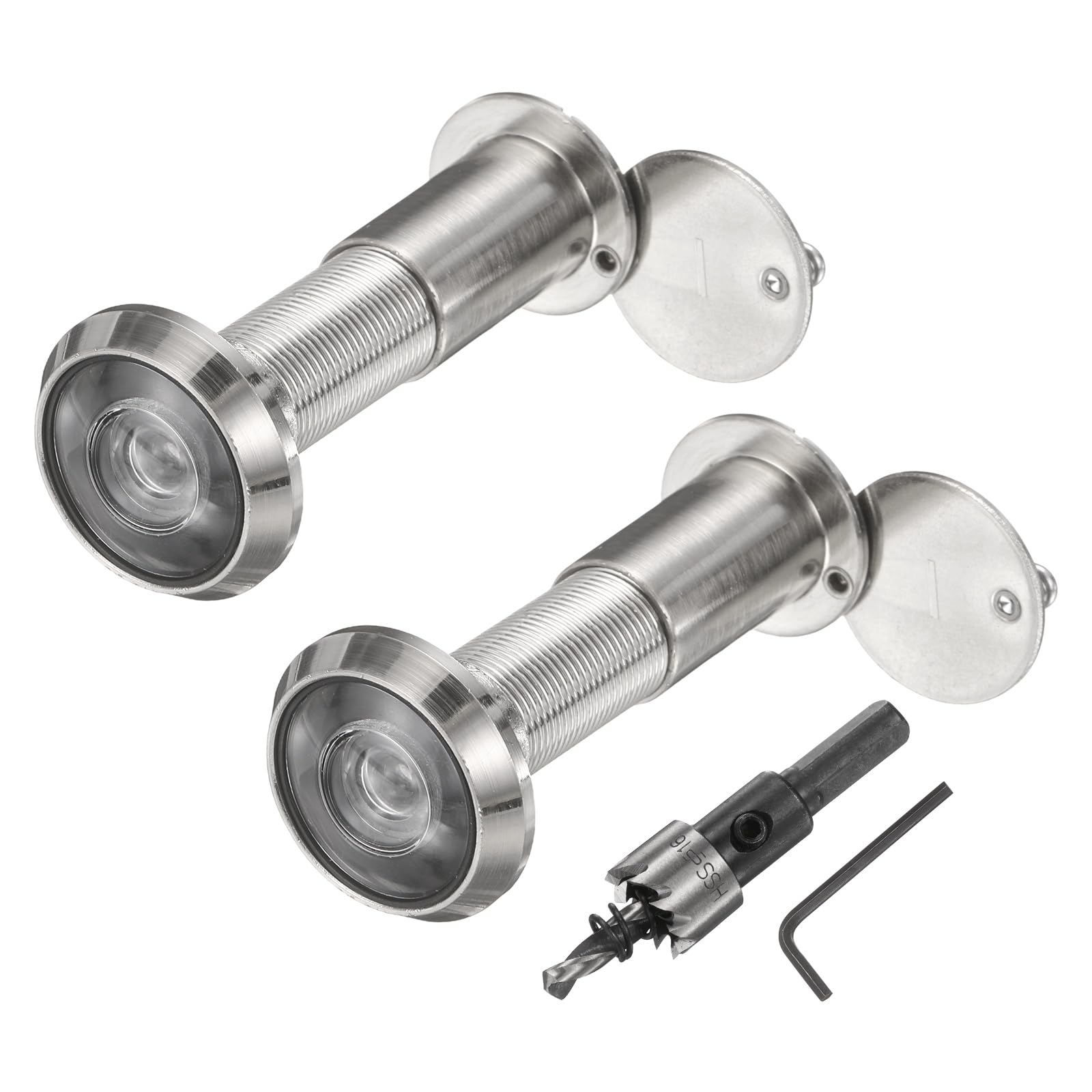 sourcing map Door Peephole, 2 Pcs Door Viewer Peephole with 1 16mm/0.63'' Drill Bit Kit Fit 1.4'' to 2.4'' Front Door 200 Degree Wide Angle Peepholes Reverse Privacy Covers, Nickel Brushed