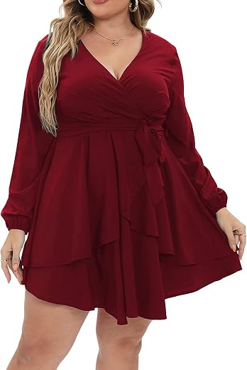 TASHVIKA'S Women's Plus Size Casual Long Sleeve Ruffle Wrap Mini Dresses