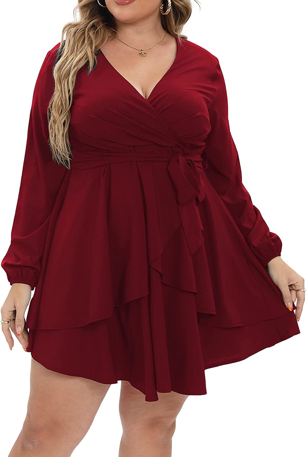 TASHVIKA'S Women's Plus Size Casual Long Sleeve Ruffle Wrap Mini Dresses