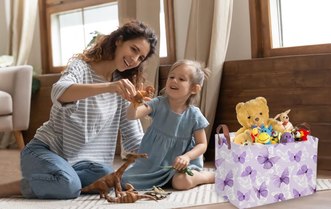 Sanjiaofeng Rectangular Kids Basket Butterfly Storage Bins,Girls Storage Basket with Handles.Clothers,Toys,Books,Kid's Gifts Bins. (Purple Butterfly) image 5