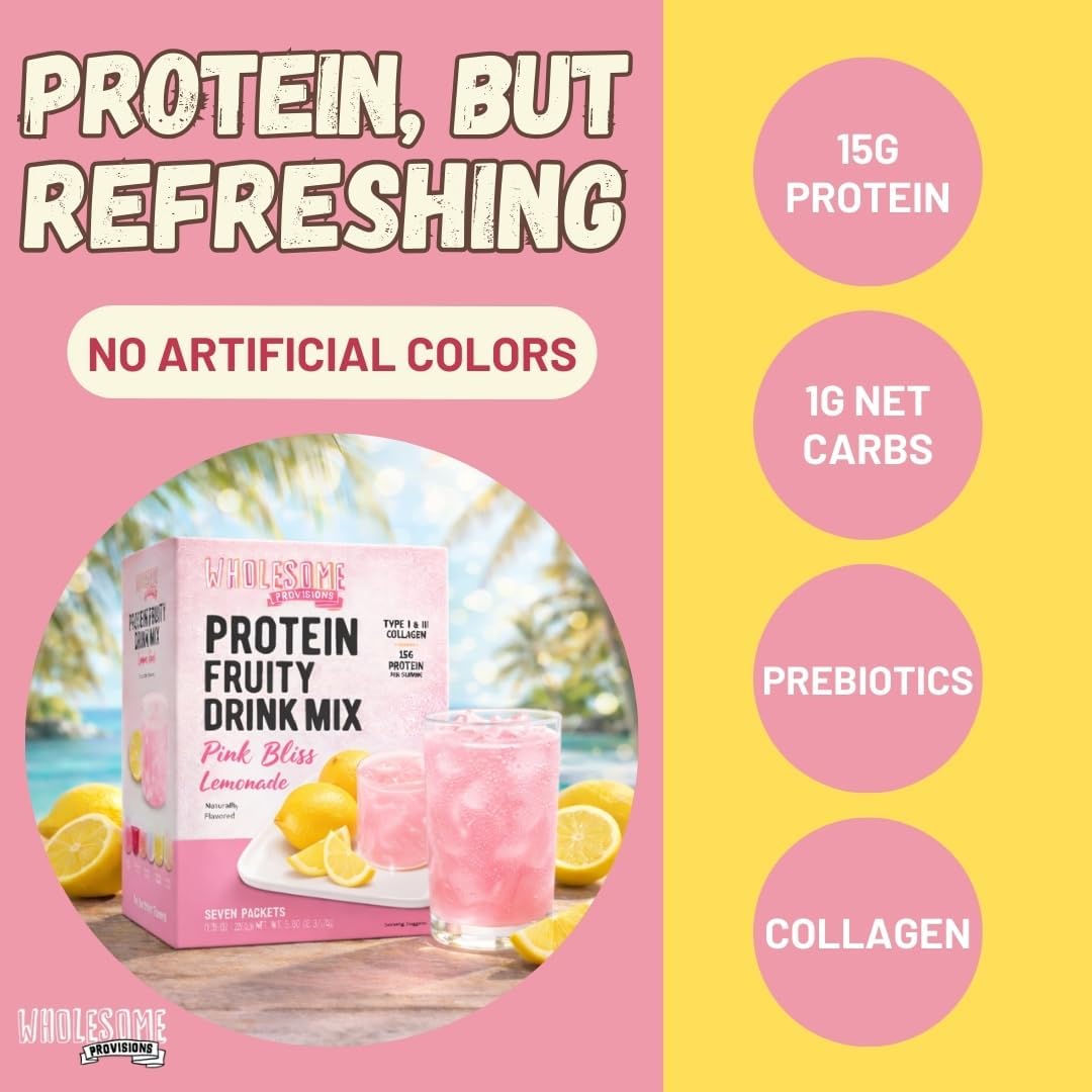 Protein Fruit Drink Mix, 15g Protein, Low Sugar, Collagen + Prebiotics, No Artificial Colors or Dyes, Refreshing by Wholesome Provisions (Pack of 5, Pink Lemonade)