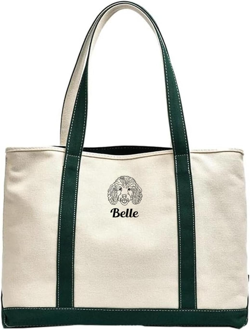 GOPHIE Personalized Embroidery Canvas Tote Bag,Embroidered Dog Face with Pet Name,Top Zipper Closure, Daily Essentials