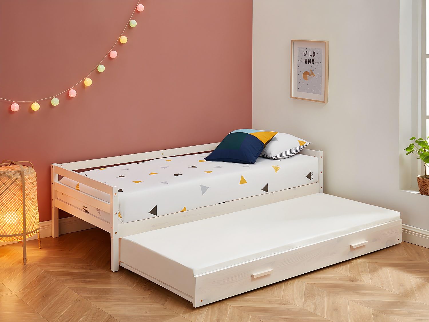 Vente-unique - Lit gigogne 2 x 90 x 190 cm - Pin Massif et MDF - Blanchi à la Chaux - Aedan II