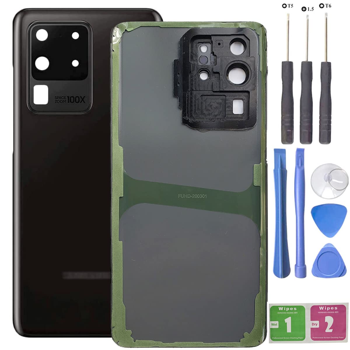 HQB-STAR Back Glass Cover Replacement Housing Door with Camera Lens Frame and Glass Lens +Tape Parts for Samsung Galaxy S20 Ultra +Tools (Black)